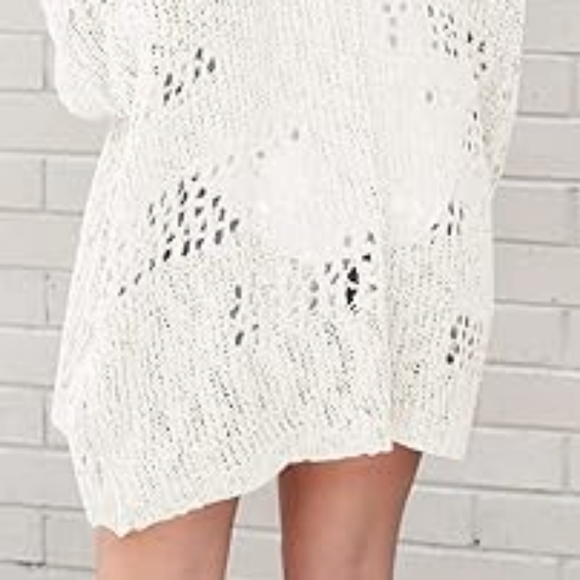 Women's crochet boho style cream open front cardigan sweater - Picture 4 of 4